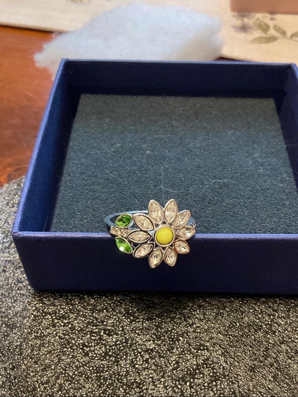 Lia Sophia Yellow Center Flower Ring with Green Accents